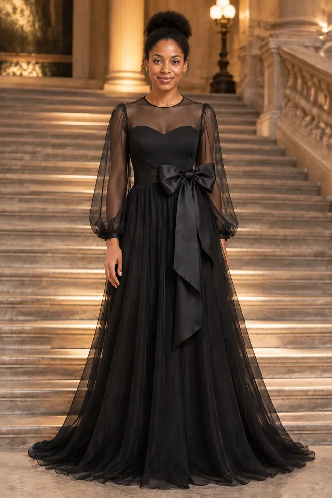 Sheer Black Gala Gown with Oversized Bow