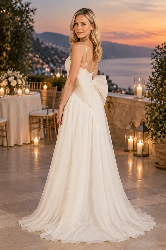 Sheer Ivory Bow Reception Gown