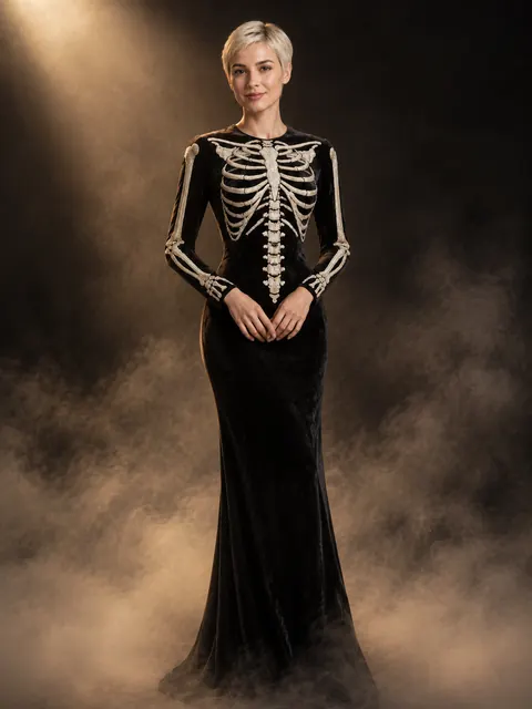 Skeleton Bone Embroidered Black Gown