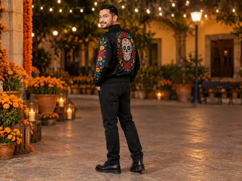 Sugar-Skull Embroidered Black Bomber