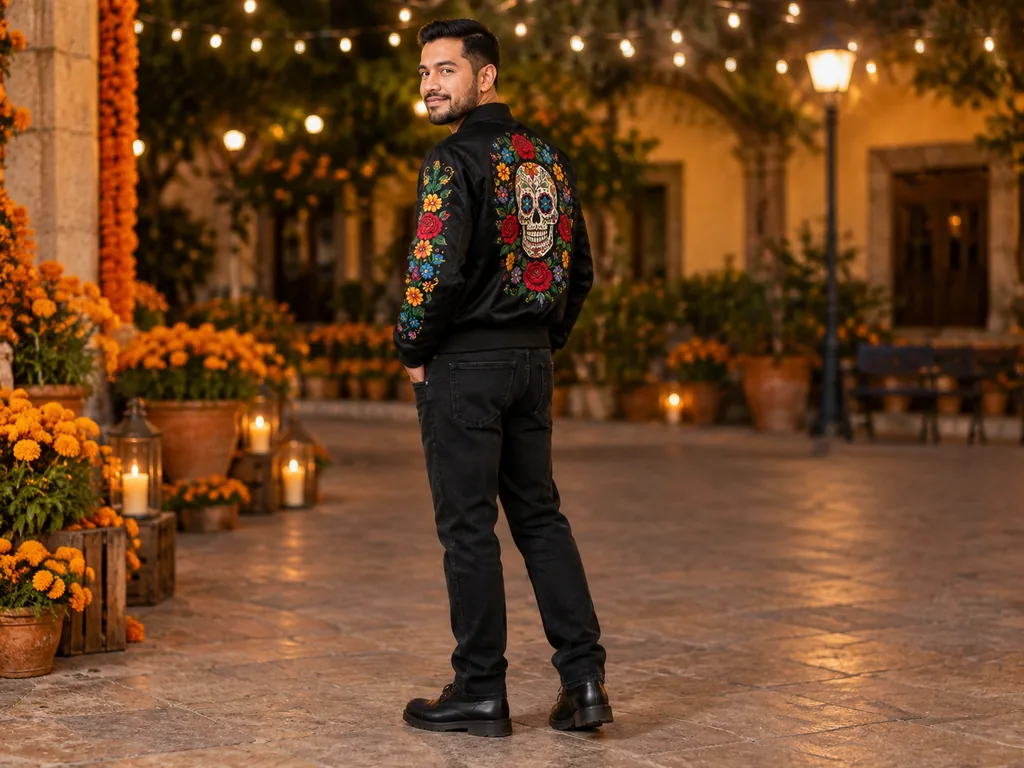 Sugar-Skull Embroidered Black Bomber